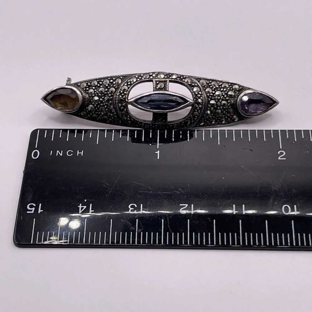925 Sterling Silver Vintage Blue Topaz‎ Amethyst Citrine & Marcasite Brooch Pin